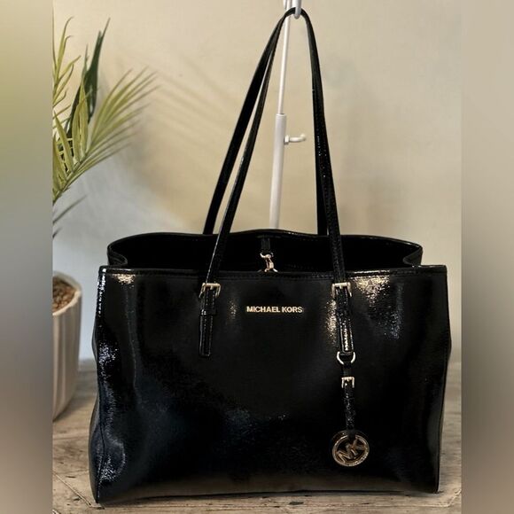 Michael Kors Black Patent Leather Tote with Silver Hardware - Picture 1 of 9
